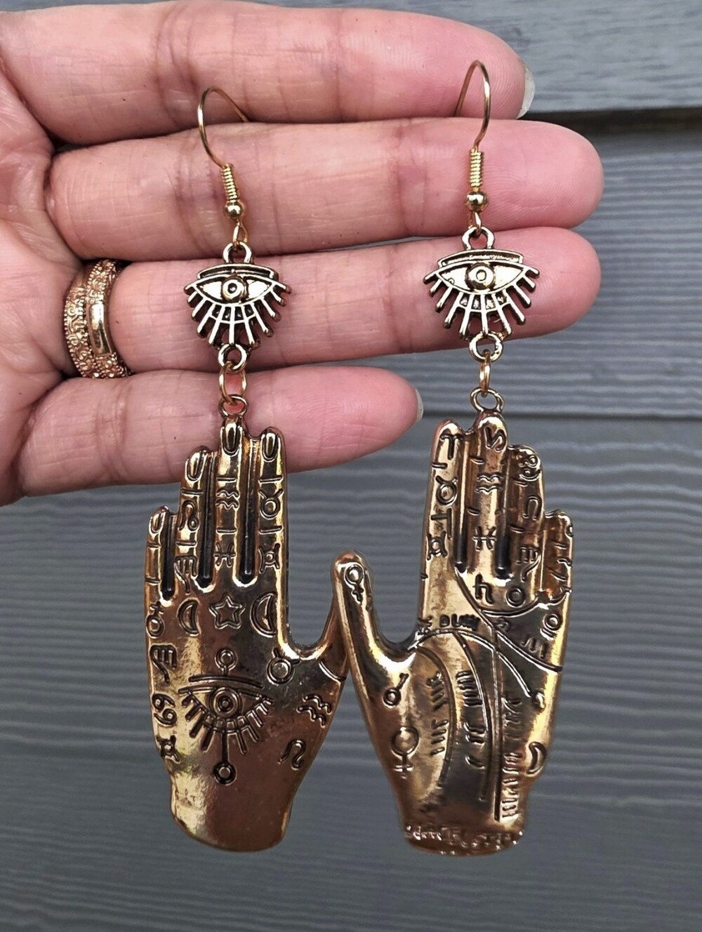 Antique Gold Palmistry Hand Evil Eye Dangle Earrings Mystic Boho